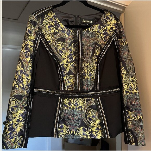 Susanna By Teramina Slimming Black Gold Skirt Suit Size 14 Long Sleeve Elegant - Picture 5 of 16